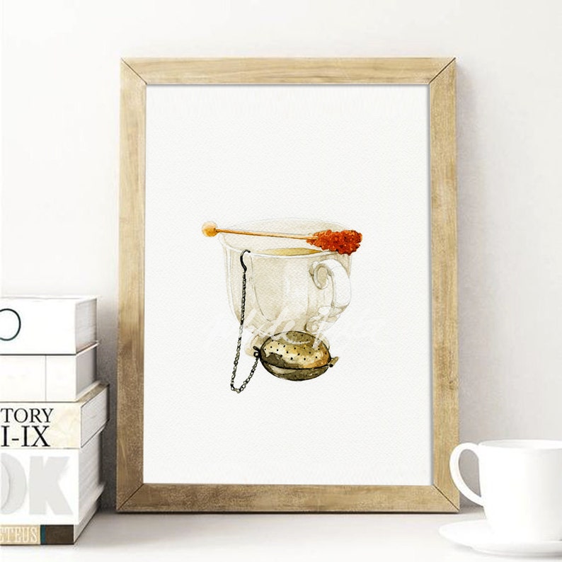 May include: A watercolour painting of a white teacup with a tea infuser hanging from the side. The teacup is filled with light brown tea and a sugar stick is resting on the rim. The background is white.
