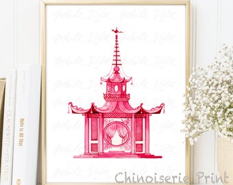 Pagode rose chinoiseies impression d'art affiche de Style saule peinture pagode chinoise belvédère jardin architectural Chine décoration d'intérieur TÉLÉCHARGEMENT NUMÉRIQUE