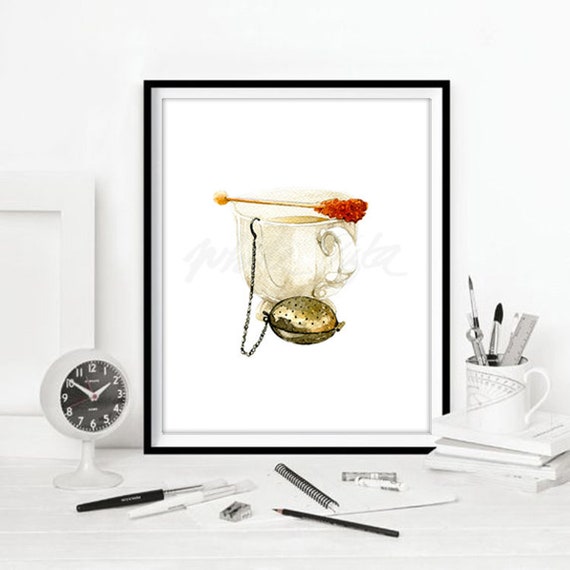 Vintage Tea Cup Watercolor Print, Kitchen Art (Digital Download)