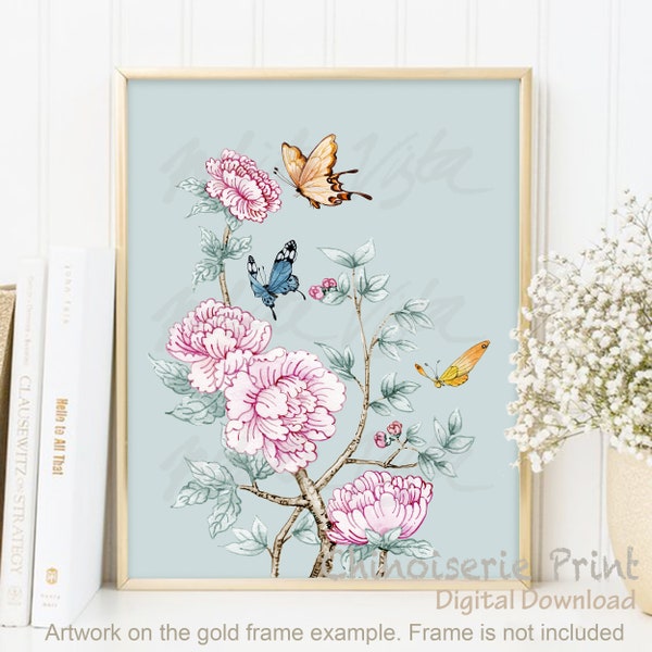 French Blue Chinoiserie Cherry Blossom Butterfly Decor Oriental Willow Style Pastel Watercolour Flower Shabby Chic Vintage DIGITAL DOWNLOAD