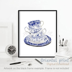 Vintage Teetassen Aquarell Kunstdrucke Weiden-Stil blau-weiße Weiden-Teetasse Aquarellmalerei Bone China Kunst-Teetasse DIGITAL DOWNLOAD