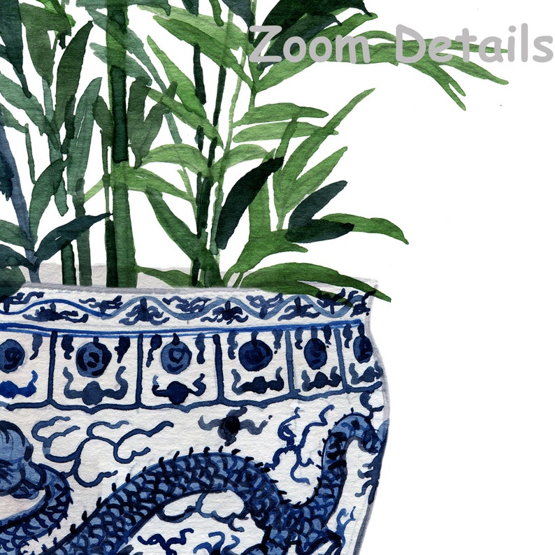 May include: A watercolor painting of a blue and white porcelain planter with a dragon design. The planter is filled with green leafy plants.