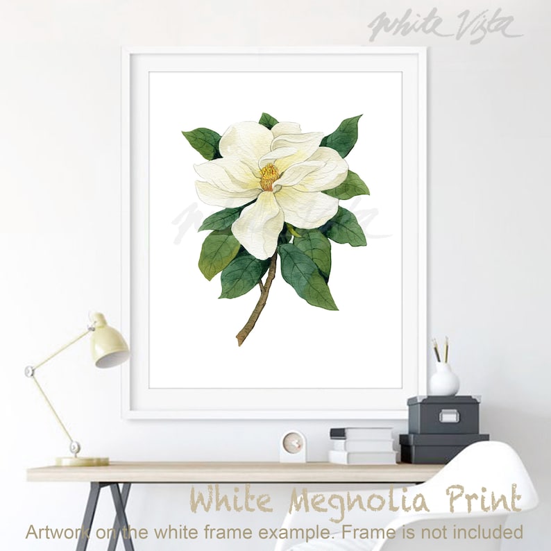 May include: A watercolor painting of a white magnolia flower with green leaves. The flower has a yellow center and is in bloom. The painting is on a white background.
