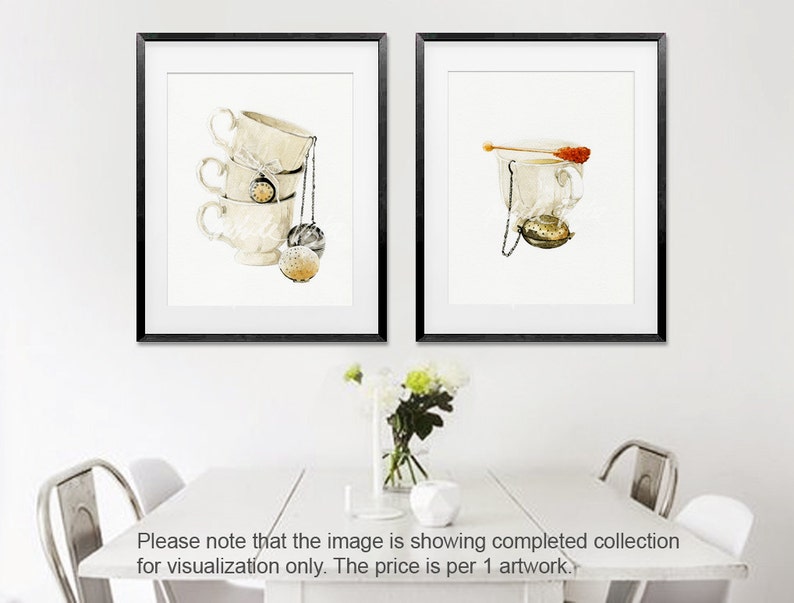 May include: Two framed watercolour illustrations of teacups. The first image shows three stacked teacups with a tea infuser hanging from the top cup. The second image shows a single teacup with a tea infuser and a sugar stick.
