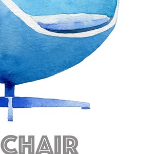 May include: A blue watercolor illustration of a chair with a white base and a white line around the seat. The text "CHAIR" and "obsen: 1958" is below the chair.
