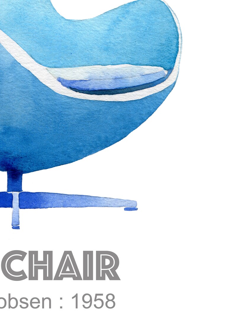 May include: A blue watercolor illustration of a chair with a white base and a white line around the seat. The text "CHAIR" and "obsen: 1958" is below the chair.