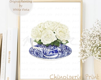 Tea Cup Art Print Blue Willow Floral Wall Art White Roses Step Mom Gift Parents Wedding Flower Kitchen Decor Contemporary DIGITAL DOWNLOAD