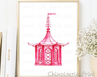 Könnte beinhalten: Ein digitaler Download eines rosafarbenen Chinoiserie-Pagoden-Drucks. Die Pagode ist ein traditioneller chinesischer Baustil, der oft in Gärten und Parks zu sehen ist. Der Druck ist perfekt, um jedem Raum einen Hauch von Eleganz und Verspieltheit zu verleihen.