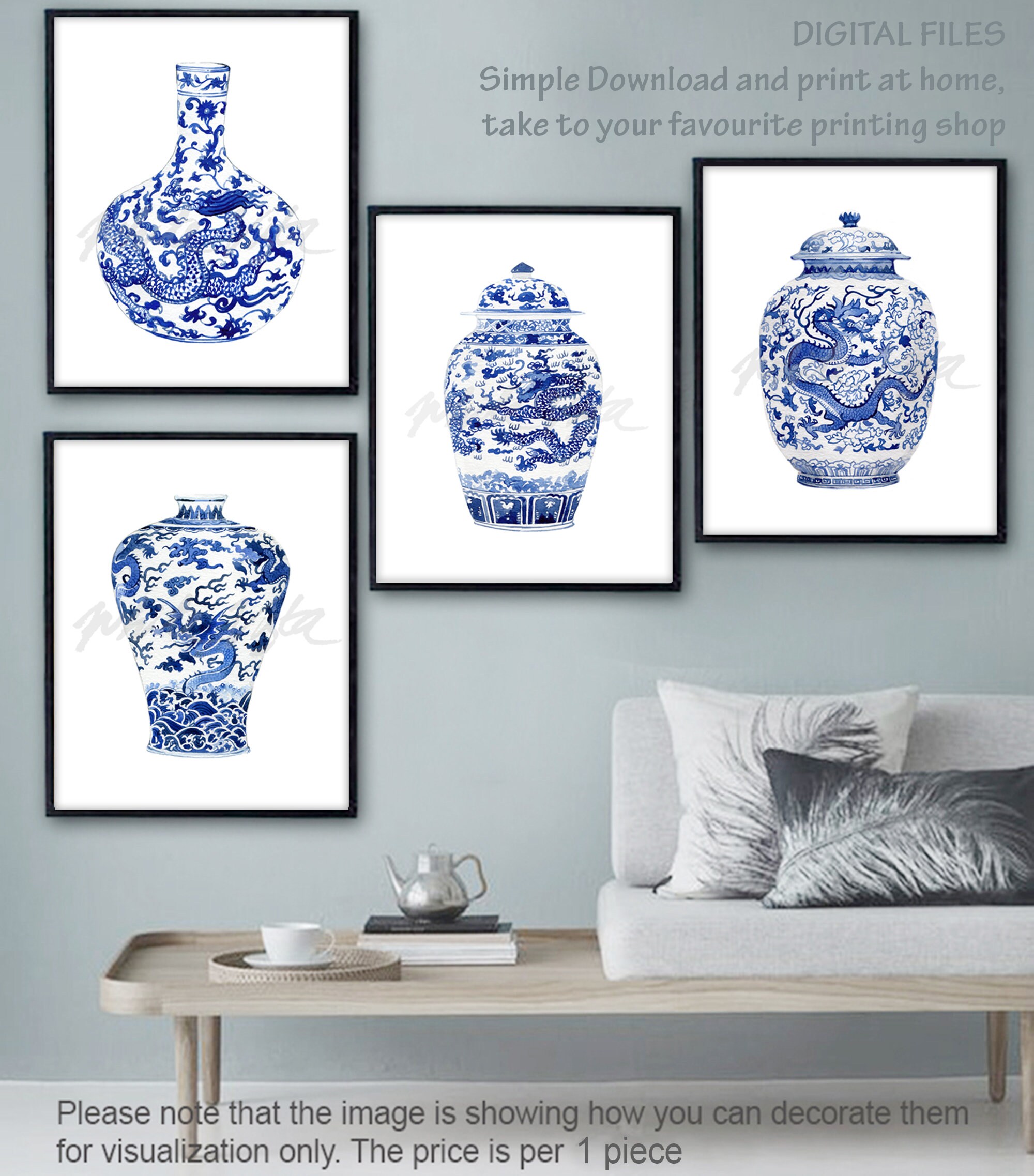 Blue and White Willow Art Prints Porcelain Chinoiserie Decor Asian Vase ...