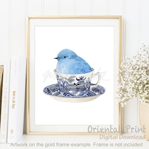 Teetasse Blauer Vogel Chinoiserie Aquarell Printable Herbst Winter Orientalischer Berg Bluebird China Willow Style Print Poster DIGITAL DOWNLOAD