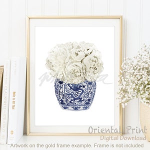 Jarrón chino con estampado de rosas blancas, acuarela, estilo de arte de sauce, flor de pionera, porcelana china, porcelana china, cuenco asiático, póster, DESCARGA DIGITAL