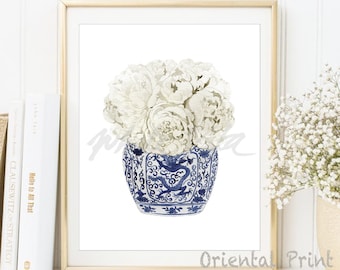 Chinese Vase Print White Roses Watercolor Willow Art Style Piony Flower Porcelain Chinoiseries Bone China Asian Bowl Poster DIGITAL DOWNLOAD