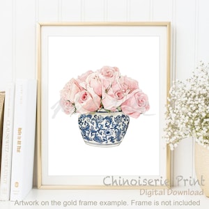 Aquarell Rosen, Chinoiserie Kunst, Orientalische Vase Blau Weiß, über dem Bett Kunst, Weidenstil, Ginger Jar Poster, Rosa Wand Kunst DIGITAL DOWNLOAD