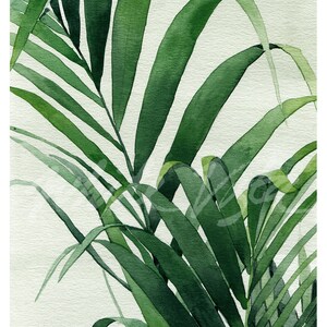 K&ouml;nnte beinhalten: Ein Aquarellbild von &uuml;ppigen gr&uuml;nen Palmbl&auml;ttern vor einem hellgr&uuml;nen Hintergrund. Die Bl&auml;tter sind f&auml;cherf&ouml;rmig angeordnet und erzeugen ein Gef&uuml;hl von tropischer Sch&ouml;nheit.
