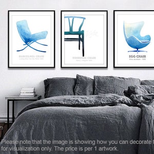 May include: Three watercolor illustrations of iconic chairs: the Barcelona Chair, the Wishbone Chair, and the Egg Chair. Each illustration is framed and displayed on a white wall above a gray bed.