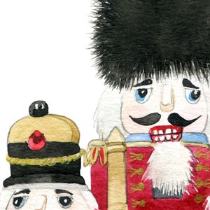 May include: A watercolor painting of two nutcracker figurines. The larger nutcracker is wearing a red and gold uniform with a white fur trim. The smaller nutcracker is wearing a black and gold uniform with a red button. Both nutcrackers have black fur hats.
