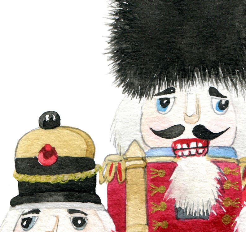 May include: A watercolor painting of two nutcracker figurines. The larger nutcracker is wearing a red and gold uniform with a white fur trim. The smaller nutcracker is wearing a black and gold uniform with a red button. Both nutcrackers have black fur hats.