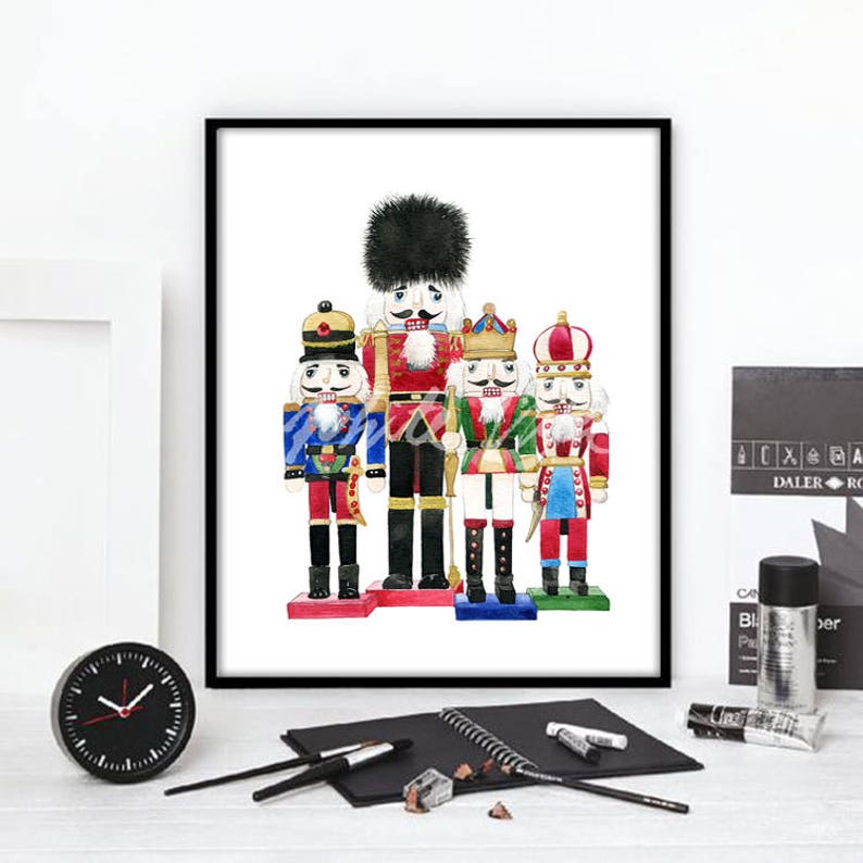 May include: A watercolor painting of five nutcracker soldiers. The soldiers are all wearing different colored uniforms and hats. The soldier in the center is the tallest and has a black hat and a red uniform. The other soldiers are shorter and have different colored hats and uniforms.