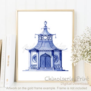 Blue Pagoda Chinoiseies Art Print Willow Style Poster Painting Chinese Pagoda Gazebo Architectural Garden China Home Decor DIGITAL DOWNLOAD