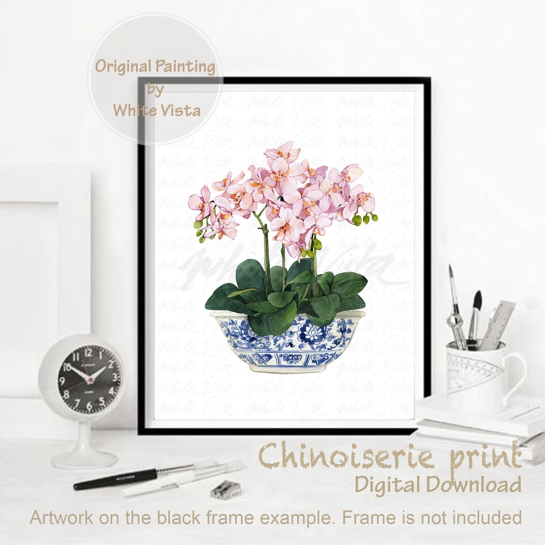 Chinoiserie Floral Coastal Style Decor Pink Oriental Vase Blue and