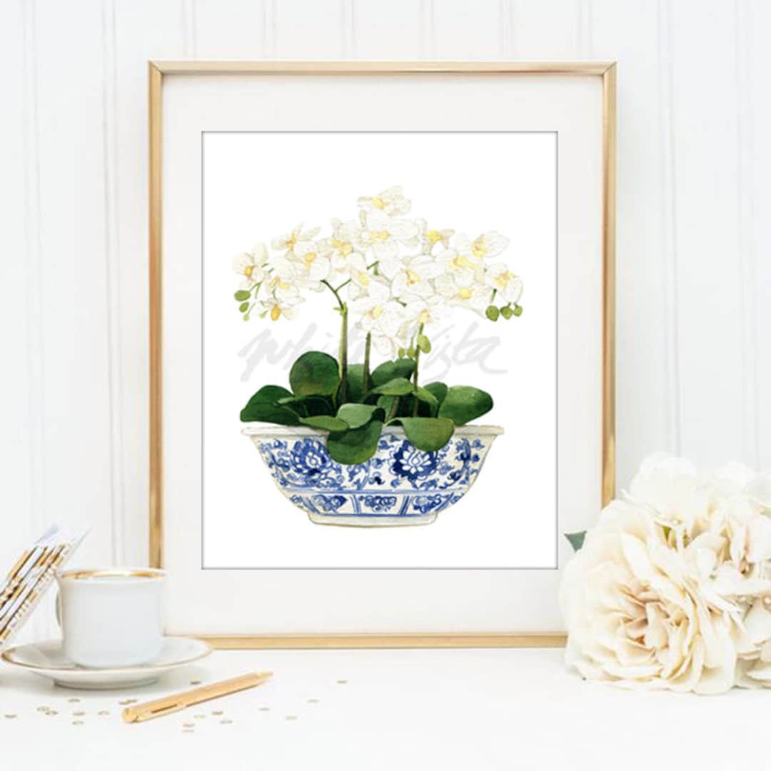 White Orchid Chinoiserie Decor Oriental Vase Blue and White Willow