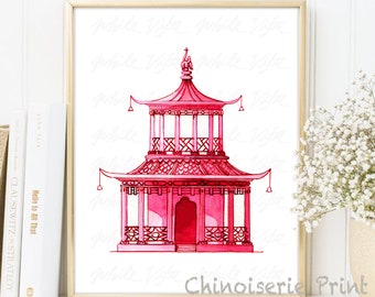 Impression de pagode chinoiseries Art rose saule Style affiche peinture pagode chinoise belvédère jardin architectural Chine décoration maison TÉLÉCHARGEMENT NUMÉRIQUE