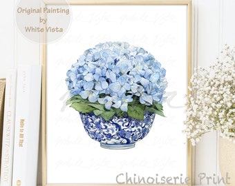 Hortensia bleu nouveau cadeau grand-mère Chinoiserie saule bleu cottage core Decor plage maison murale art bureau Hamptons côtier TÉLÉCHARGEMENT NUMÉRIQUE