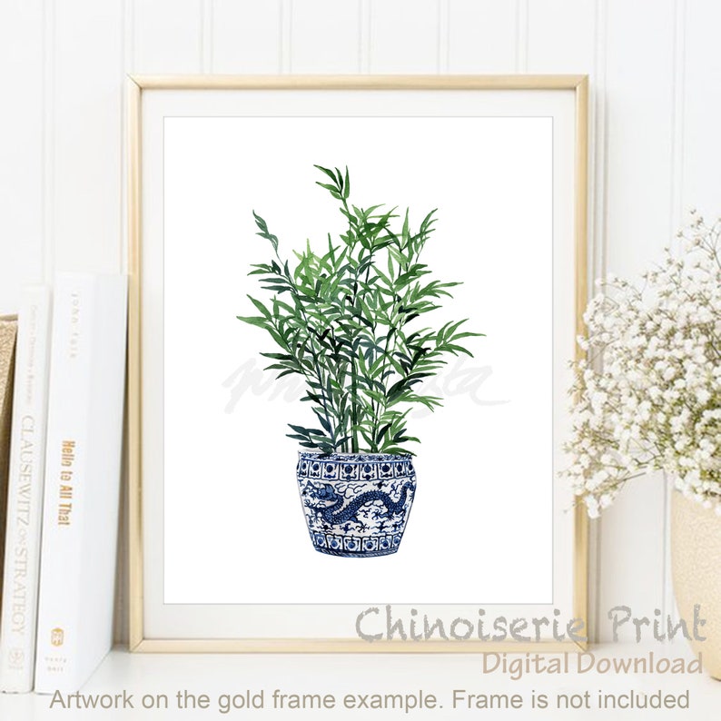 May include: A digital print of a green plant in a blue and white porcelain pot with a dragon design. The print is on a white background and has the text "Chinoiserie Print" and "Digital Download" at the bottom.