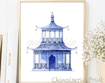 Könnte beinhalten: Eine blaue und weiße Aquarellillustration einer Chinoiserie-Pagode mit einem dekorativen Dach und filigranen Details. Die Pagode steht vor einem weißen Hintergrund.