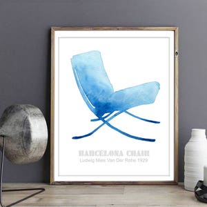 May include: A watercolor illustration of a blue Barcelona chair designed by Ludwig Mies van der Rohe in 1929. The chair is depicted in a minimalist style with a focus on its form and structure.