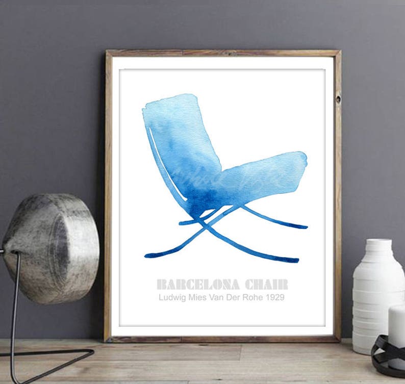 May include: A watercolor illustration of a blue Barcelona chair designed by Ludwig Mies van der Rohe in 1929. The chair is depicted in a minimalist style with a focus on its form and structure.
