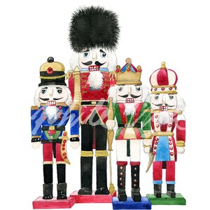 May include: Four watercolor painted nutcracker figurines standing in a row. The nutcrackers are wearing different colored uniforms and hats. The nutcracker on the left is wearing a blue uniform with a red sash and a gold crown. The nutcracker in the middle is wearing a red uniform with a gold sash and a black hat. The nutcracker on the right is wearing a blue uniform with a red sash and a red crown.