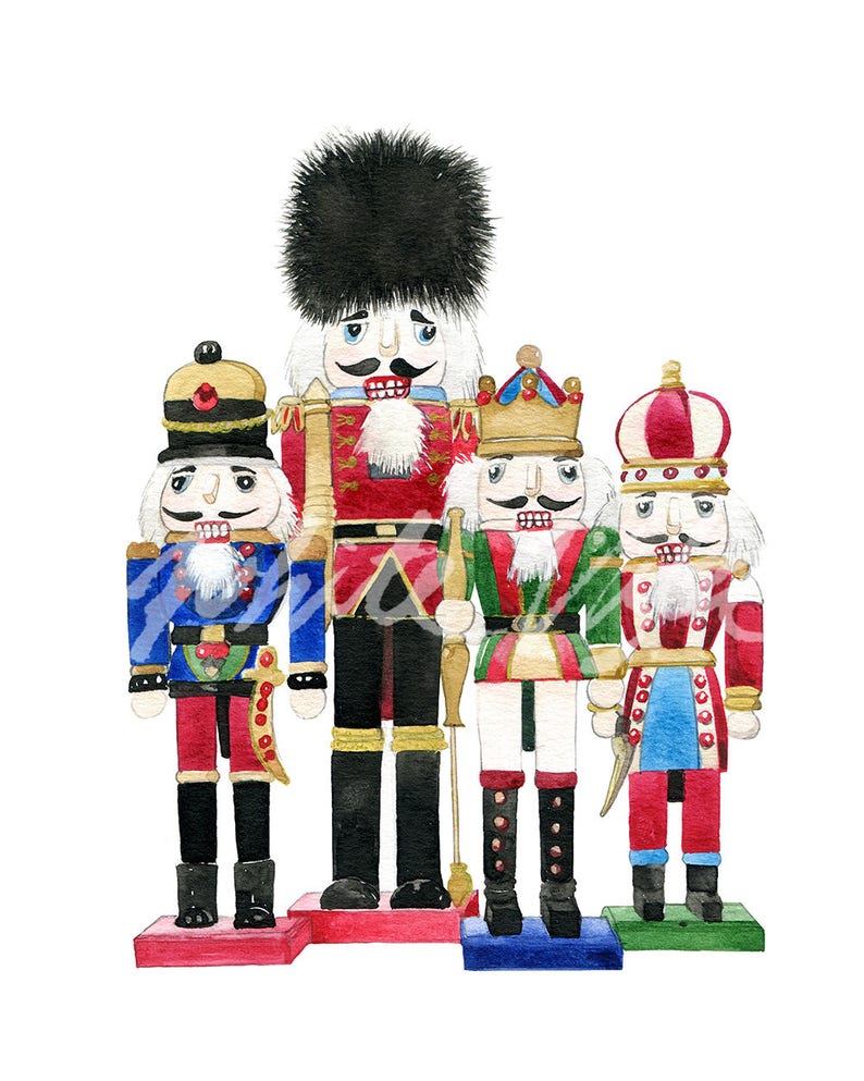 May include: Four watercolor painted nutcracker figurines standing in a row. The nutcrackers are wearing different colored uniforms and hats. The nutcracker on the left is wearing a blue uniform with a red sash and a gold crown. The nutcracker in the middle is wearing a red uniform with a gold sash and a black hat. The nutcracker on the right is wearing a blue uniform with a red sash and a red crown.