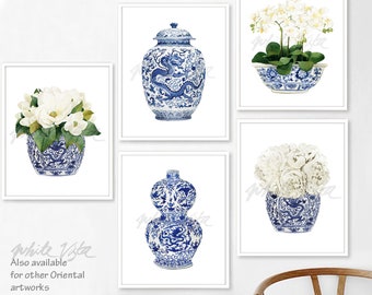 Set Di 3 Stampe Su Tela Chinoiserie Vaso Cinese Blu E Bianco – Quadri Acquerello Orchidea E Peonia Per Parete