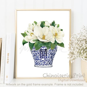 Magnolie Doppelt Glück Chinesische Vase Chinoiserie Kunst Oriental Blau Weiß Weide Stil Blumen Ingwer Glas Poster Zen Dekor DIGITAL DOWNLOAD