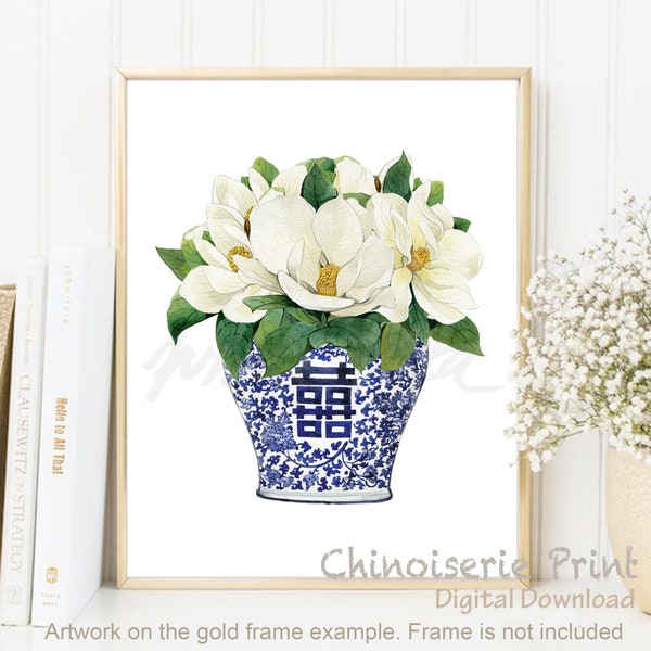 Magnolia Double Happiness Chinese Vase Chinoiserie Art Oriental Blue White Willow Style  Flower Ginger Jar Poster Zen Decor DIGITAL DOWNLOAD