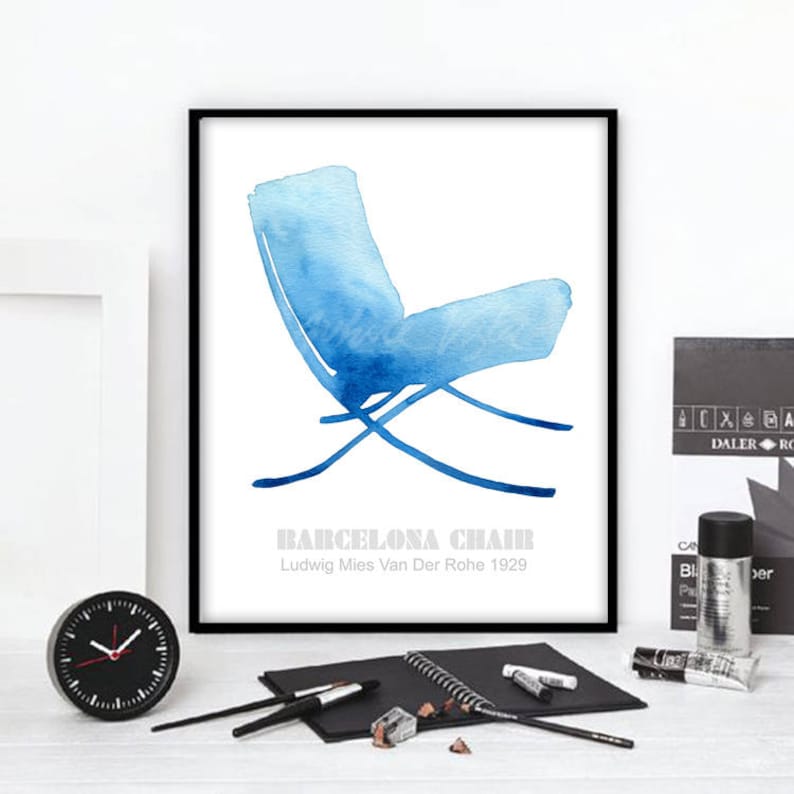 May include: A watercolor illustration of a blue Barcelona chair designed by Ludwig Mies Van Der Rohe in 1929.
