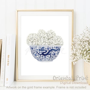 Chinoiserie Art Aquarell Weiß Pine Kegel Weihnachtsdekoration Orientalische Vase Blau Willow Stil Porzellan Ingwer Glas Poster Kunst DIGITAL DOWNLOAD