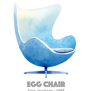 May include: A blue and white watercolor illustration of an egg chair, a mid-century modern design classic. The chair has a rounded, egg-shaped back and a swivel base. The text "EGG CHAIR" and "Arne Jacobsen: 1958" is below the chair.