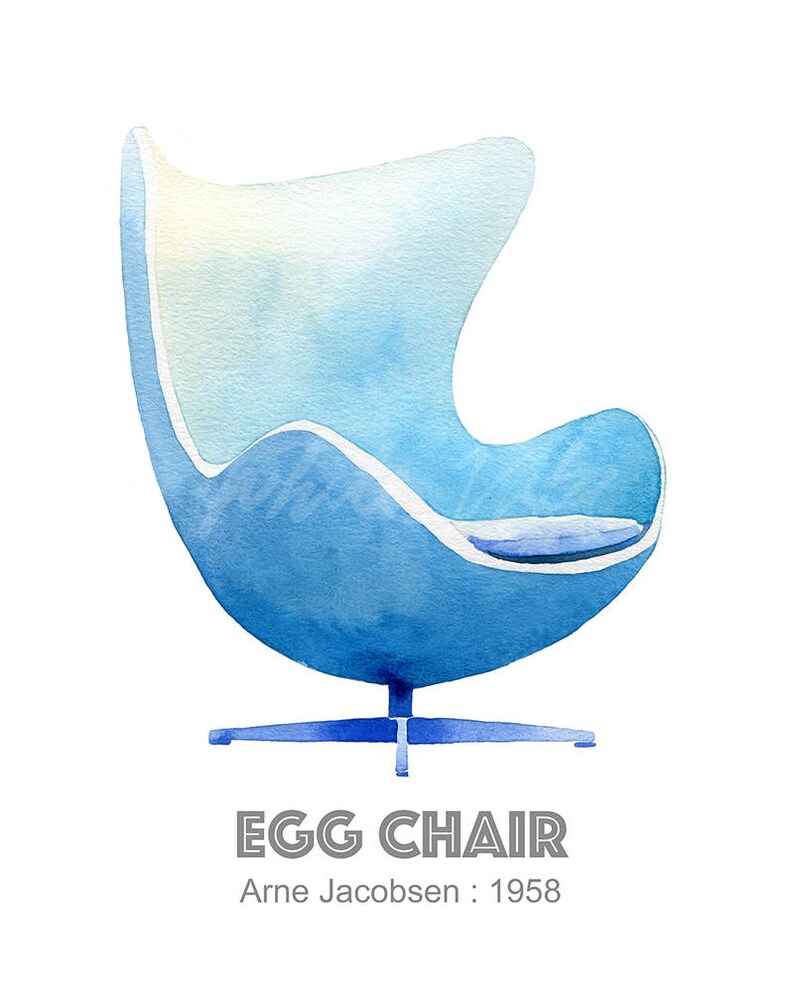 May include: A blue and white watercolor illustration of an egg chair, a mid-century modern design classic. The chair has a rounded, egg-shaped back and a swivel base. The text "EGG CHAIR" and "Arne Jacobsen: 1958" is below the chair.