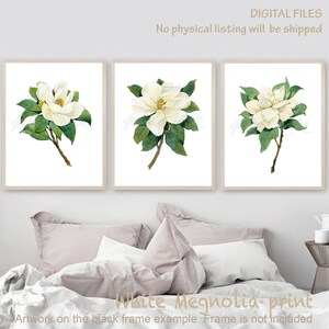 May include: Set of three digital prints featuring white magnolia flowers with green leaves on a white background.  The prints are perfect for adding a touch of nature to your home decor.