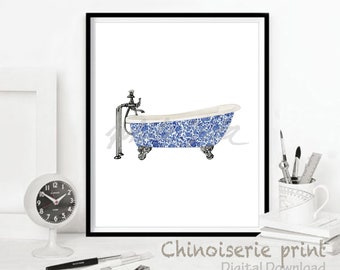 Baignoire salle de bain décoration cadeau amoureux France vintage chinoiseries originales aquarelle saule art toilette moderne Noël Noël bleu TÉLÉCHARGEMENT NUMÉRIQUE