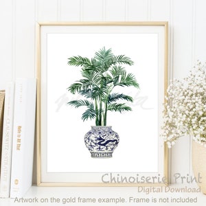 Chinoiserie Art Blaue Weide, Goldene Palme Pflanze Chinesische Malerei Kolonialkunst, Orientalische Vase Insel Stil Dekor Pflanze Poster DIGITAL DOWNLOAD