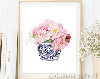 Watercolour Peony, Chinoiserie Art, Oriental Vase Blue White, Above Bed Art, Willow Style, Ginger Jar Poster, Pink Wall Art DIGITAL DOWNLOAD