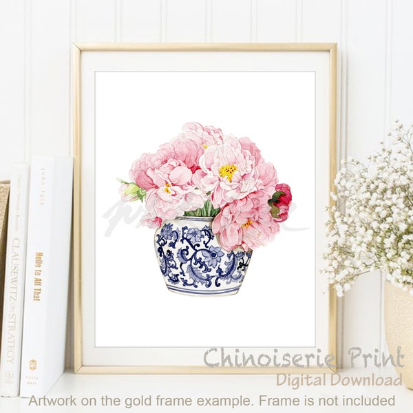 Watercolour Peony, Chinoiserie Art, Oriental Vase Blue White, Above Bed Art, Willow Style, Ginger Jar Poster, Pink Wall Art DIGITAL DOWNLOAD