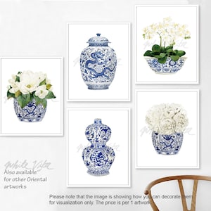 May include: Set of four blue and white porcelain prints featuring floral arrangements and vases with dragon designs. The prints are framed and displayed on a white wall.