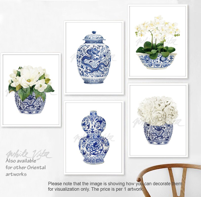 May include: Set of four blue and white porcelain prints featuring floral arrangements and vases with dragon designs. The prints are framed and displayed on a white wall.