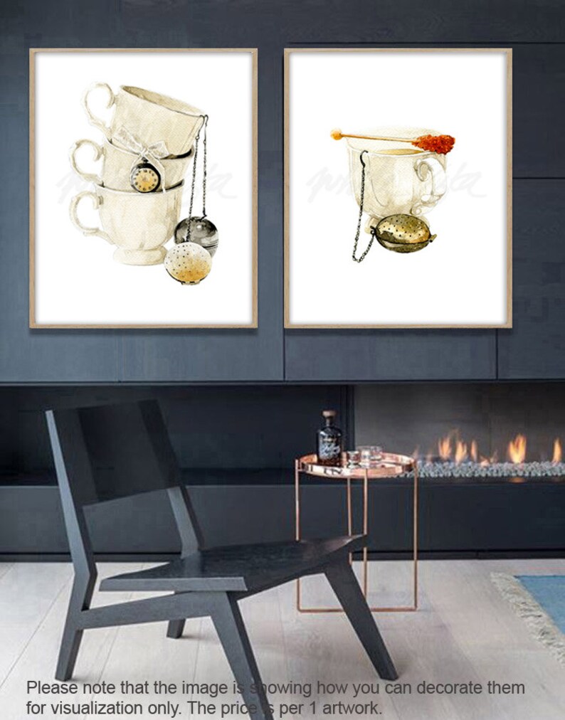 May include: Two watercolour paintings of teacups with tea infusers. The first painting shows a stack of three teacups with a tea infuser hanging from the top cup. The second painting shows a single teacup with a tea infuser and a sugar stick.