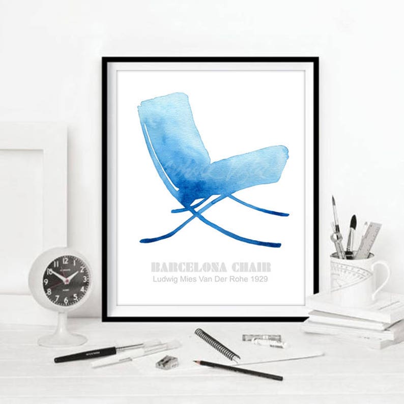 May include: A watercolor illustration of a blue Barcelona chair designed by Ludwig Mies Van Der Rohe in 1929. The chair is depicted in a minimalist style with a white background.