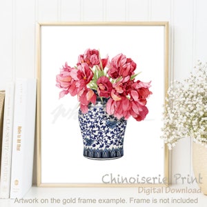 Red Tulips Watercolor Print: Chinoiserie Ginger Jar (Digital Download)